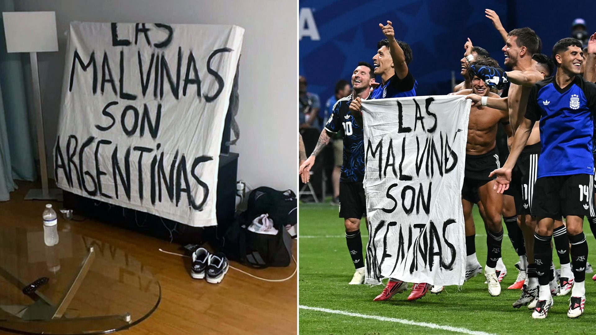 Un grupo de jóvenes porteños lleva la bandera de Malvinas a la cancha de un equipo argenti